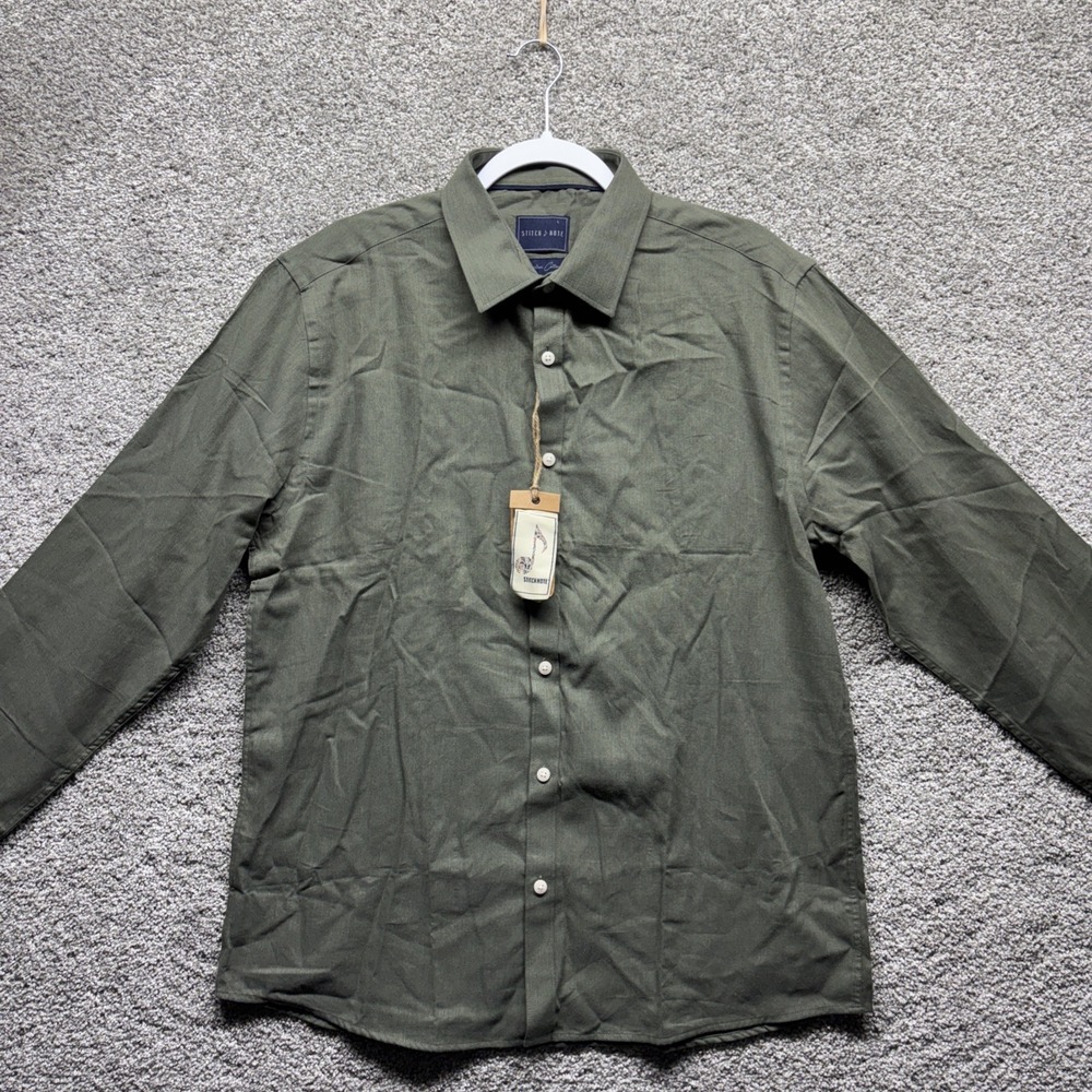 Stitch Note Egyptian Cotton Men Size Large Shirt Button Olive Long Sleeve NWT‎